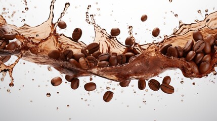 An isolated white background shows a wave of coffee splashing with beans