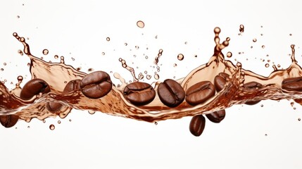 An isolated white background shows a wave of coffee splashing with beans