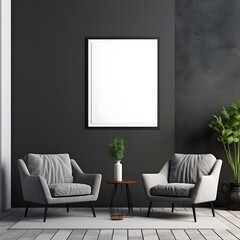 blank Frame mockup in modern dark home interior background, 3d render, design scene with a sofa