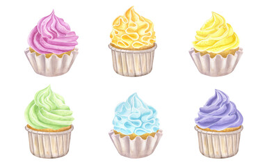 Banner set rainbow multicolored cupcakes muffins, sweet whipped cream. Food clipart. Hand drawn watercolor illustration isolated on white background. For cafe menu pastry shop