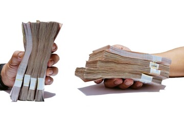 Hand holding a bunch of gray banknotes