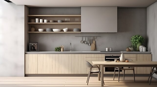 modern kitchen interior with kitchen, 3d render, Home mock up, cozy modern kitchen interior background