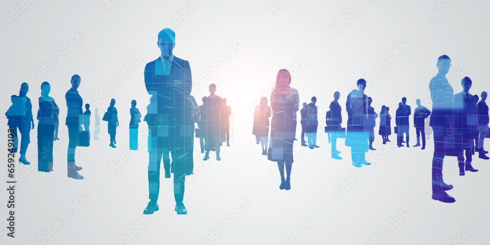 Poster group of multinational people and technology. digital transformation. wide angle visual for banners 