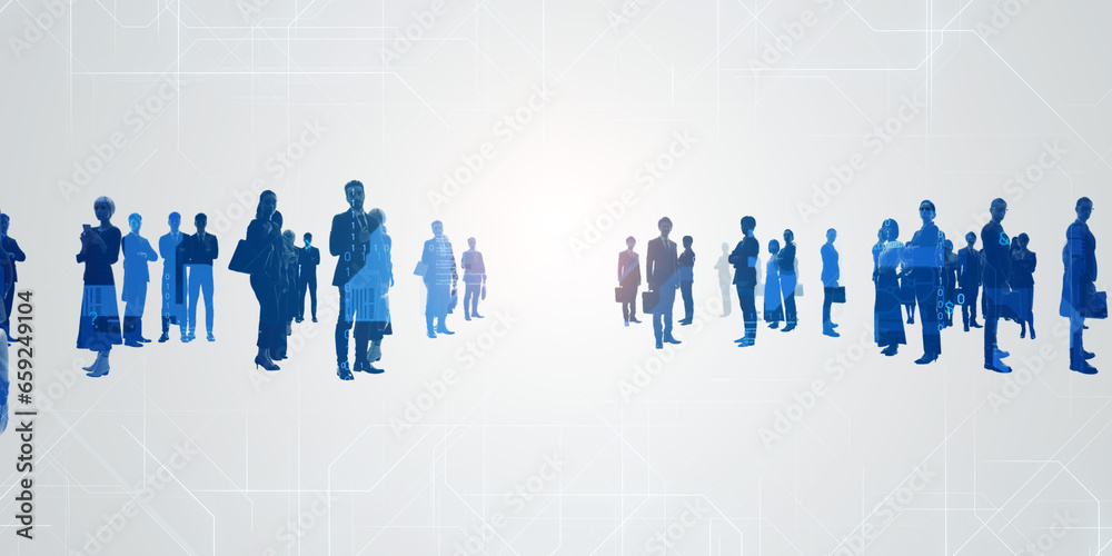 Poster Group of multinational people and technology. Digital transformation. Wide angle visual for banners or advertisements.