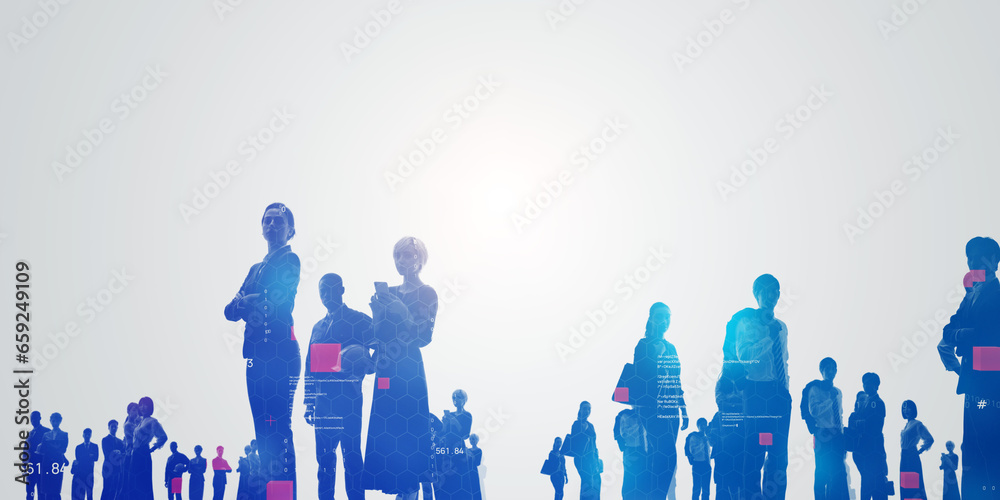 Poster group of multinational people and technology. digital transformation. wide angle visual for banners 