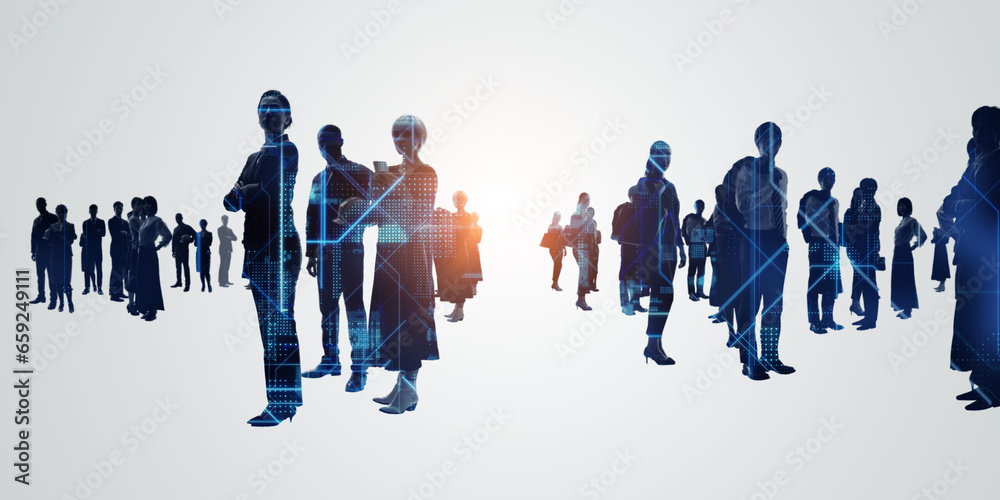 Aufkleber group of multinational people and technology. digital transformation. wide angle visual for banners 