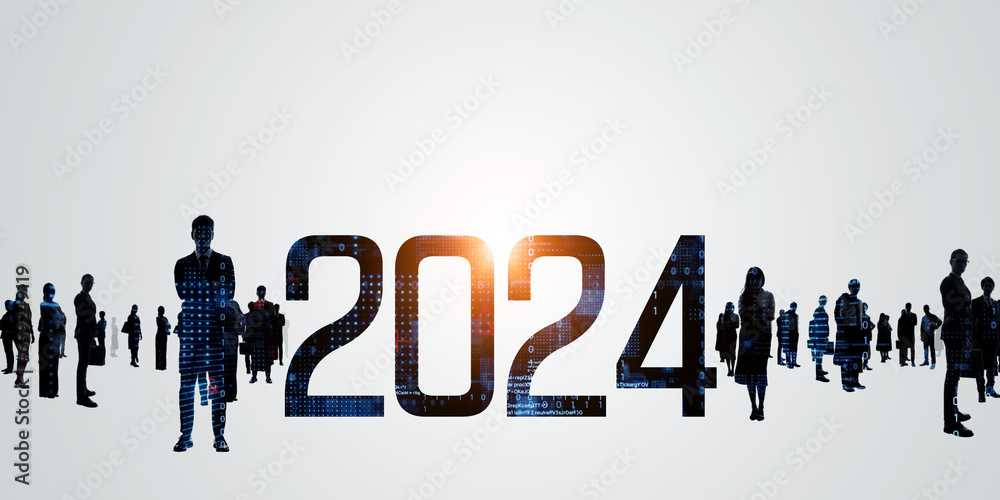 Aufkleber group of multinational people and technology. 2024 new year concept. new year's card 2024. digital t