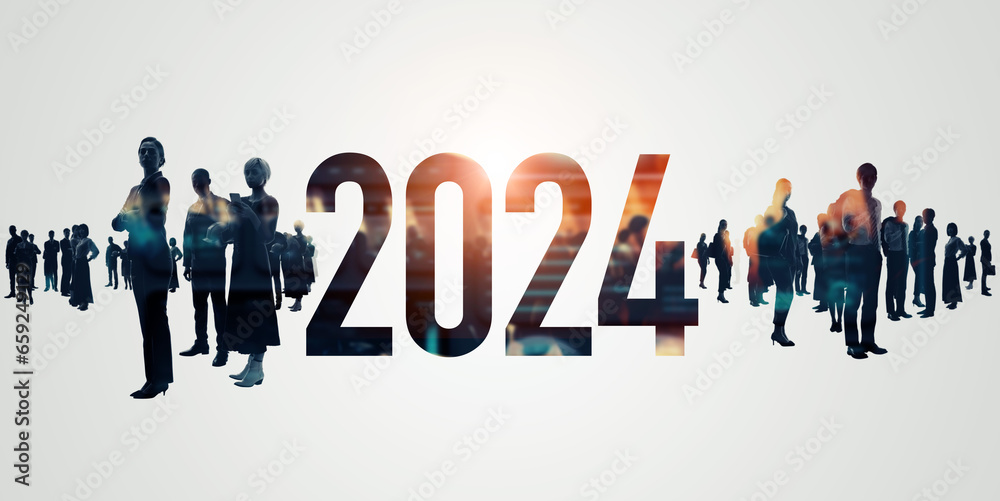 Poster group of multinational people and technology. 2024 new year concept. new year's card 2024. digital t