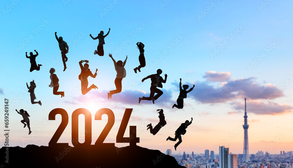 Aufkleber ジャンプする人々　2024年新年イメージ　令和六年年賀状素材