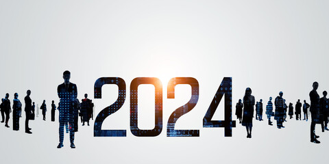 Group of multinational people and technology. 2024 New Year concept. New year's card 2024. Digital...
