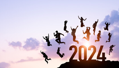Group of jumping multinational people. 2024 New Year concept. New year's card 2024. Wide angle...