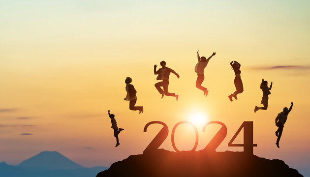 ジャンプする多国籍の人々　2024年新年イメージ　令和六年年賀状素材