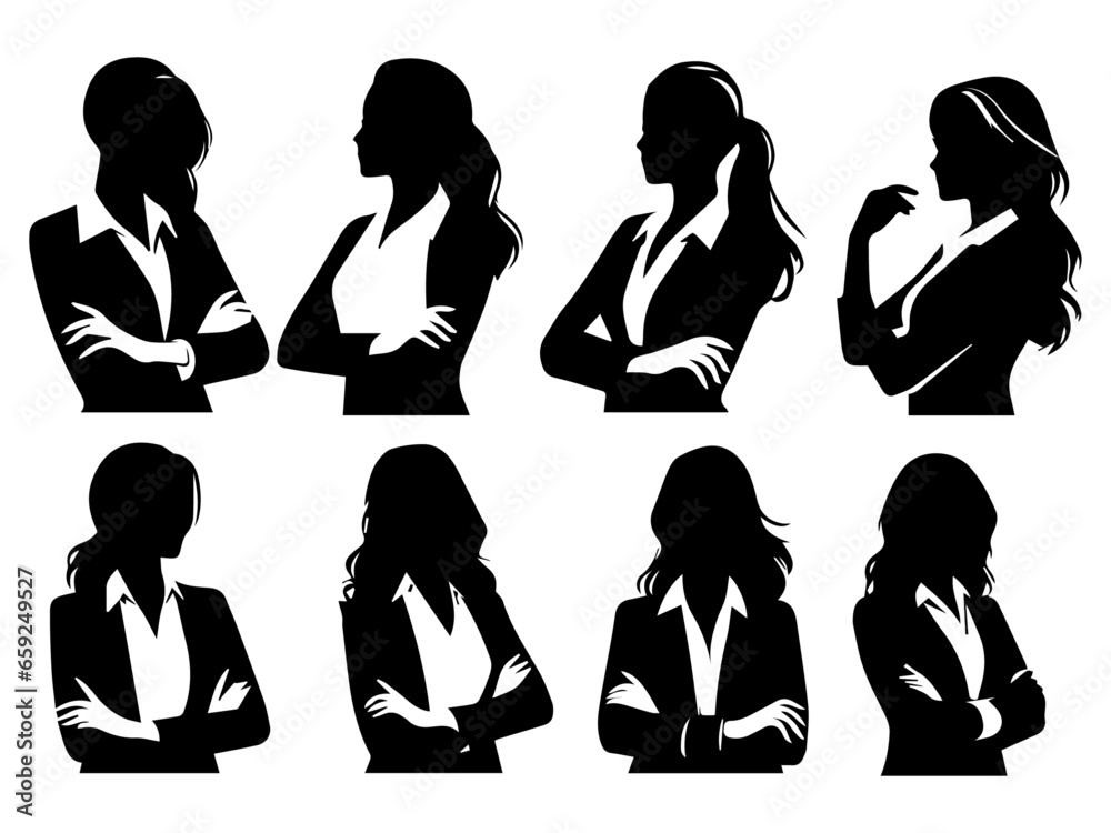 Sticker business woman folded arms vector silhouette a set of group black color