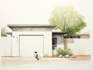 A Minimal Watercolor of a Cat in the Yard of a House in the Suburbs