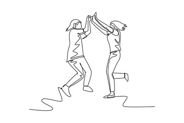 Single one line drawing two young happy women jumping and giving high five gesture to celebrate business successful. Enjoy friendship concept. Continuous line draw design graphic vector illustration