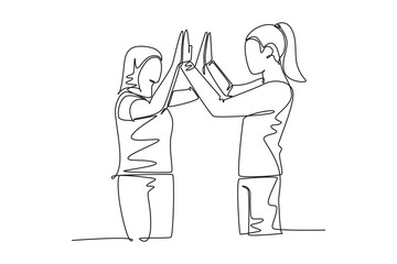 Single one line drawing two best friends girls reunite and giving high five gesture when meeting at the street. Happy friendship concept. Modern continuous line draw design graphic vector illustration - obrazy, fototapety, plakaty