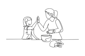 Single one line drawing of mother and daughter preparing to cook some cookies at kitchen and giving high five gesture. Parenting concept. Modern continuous line draw design graphic vector illustration