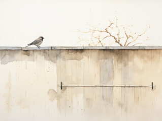 A Minimal Watercolor of a Sparrow in the Yard of a House in the Suburbs