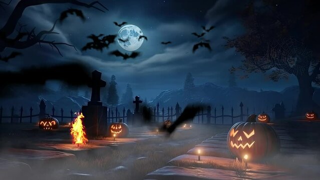  Scary atmosphere on Halloween night decorated with glowing pumpkin lights in a quiet cemetery background. seamless looping time-lapse virtual video animation background. 