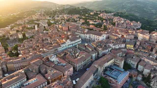 Aerial view of Perugia city center, Piazza IV Novembre, Fontana Maggiore, Palazzo dei Priori, and San Lorenzo Cathedral, in Umbria, Italy
