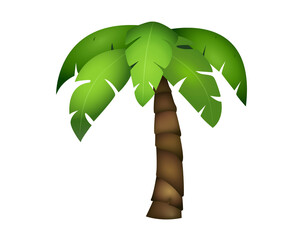 Coconut palm tree icon with long green leaves and tall brown segmented trunk on transparent background