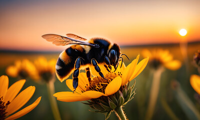 A bumblebee takes flight on flowers. AI generative - obrazy, fototapety, plakaty