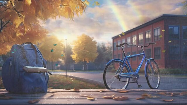 bicycle on the road with a view on the school in the morning. seamless looping time-lapse virtual 4k video animation background.