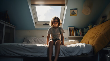 Sad little boy sits on the edge of the bad in the childhood room - obrazy, fototapety, plakaty