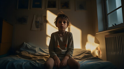 Obraz premium Sad little boy sits on the edge of the bad in the childhood room