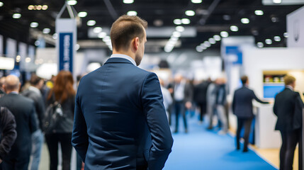 Back view of business executives standing in exhibition hall - obrazy, fototapety, plakaty