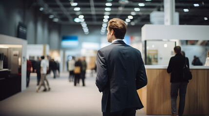 Back view of business executives standing in exhibition hall - obrazy, fototapety, plakaty