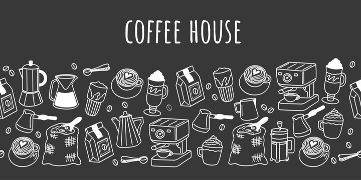 Coffee house template seamless border. Cute vector doodle icon set on black background.