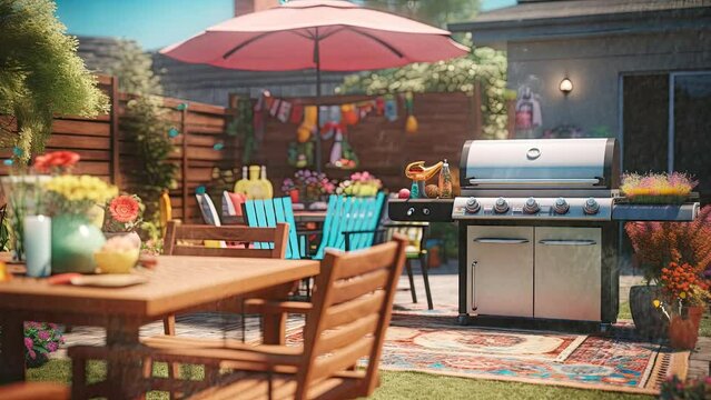 A backyard barbecue party with a grill sizzling with burgers and skewers animation background with anime or cartoon style. seamless looping time-lapse virtual video animation background.