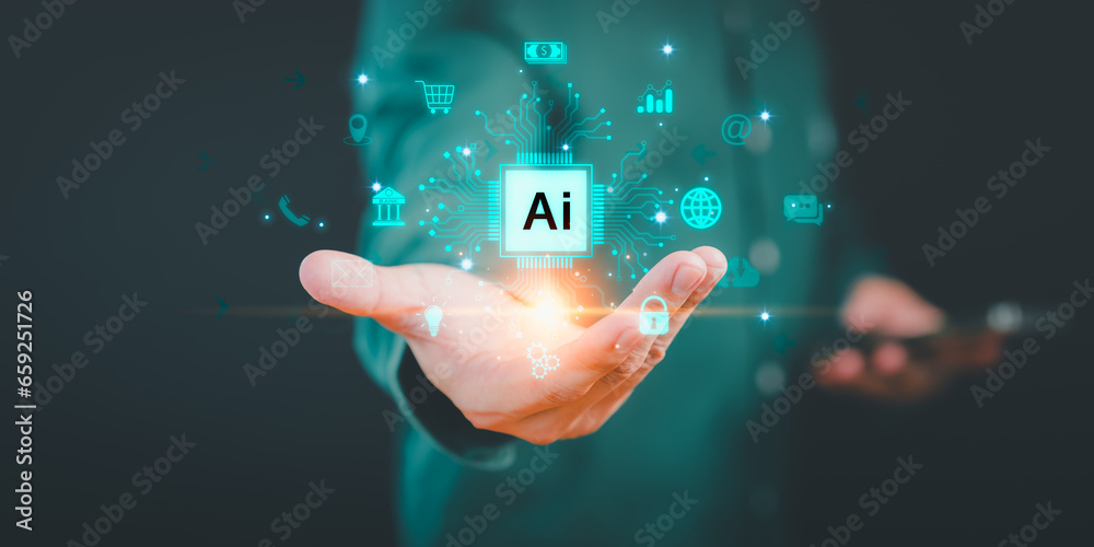 Poster ai technology, artificial intelligence. financial and banking, online shopping, payment, chat. commu