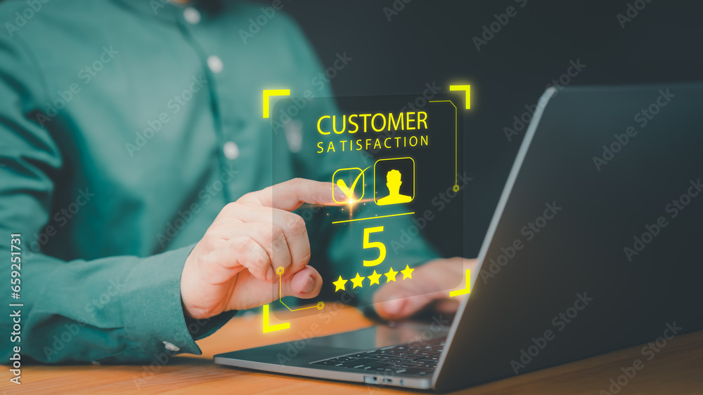 Poster customer service and assessment satisfaction concept. client give rate 5 star to give satisfaction i