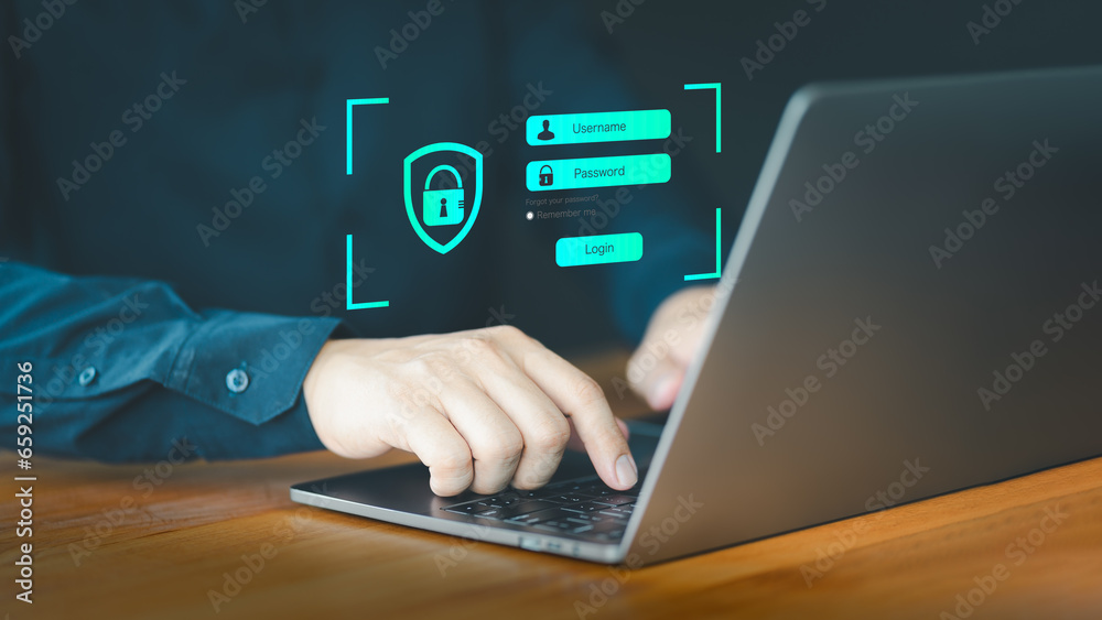 Poster User type username and password for the computer laptop. Cyber security concept to protect personal data. Secure encryption and access to the user's private information to access the internet.