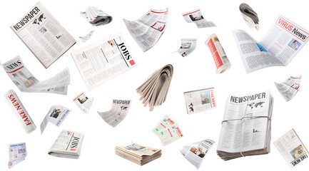 Set of many flying newspapers isolated on white - obrazy, fototapety, plakaty