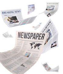 Many flying newspapers on white background