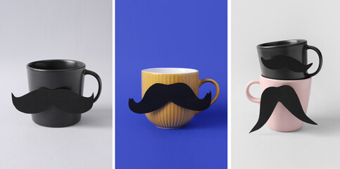 Collage of paper mustaches with cups on grey and blue backgrounds
