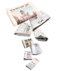 Many flying newspapers on white background