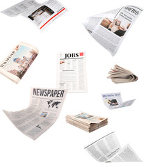 Many flying newspapers on white background