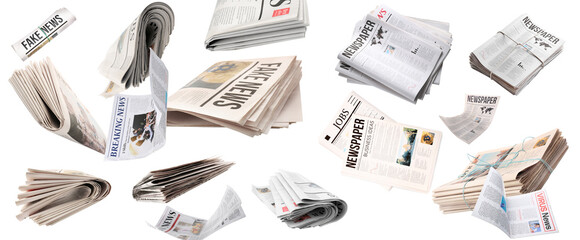 Many flying newspapers on white background