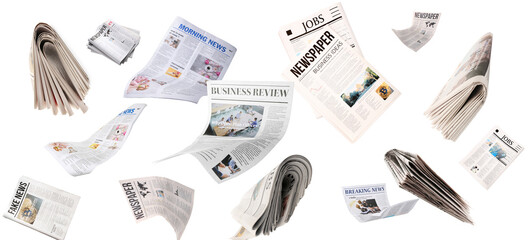 Many flying newspapers on white background - obrazy, fototapety, plakaty