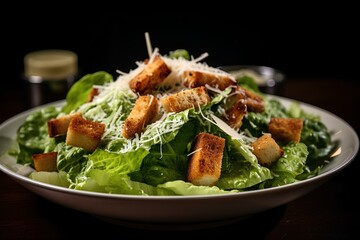 Caesar salad, with croutons, chicken strips, and parmesan creating a textured vista against the pristine background. generative AI