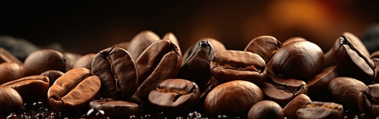 Freshly roasted coffee beans close up on a dark background.