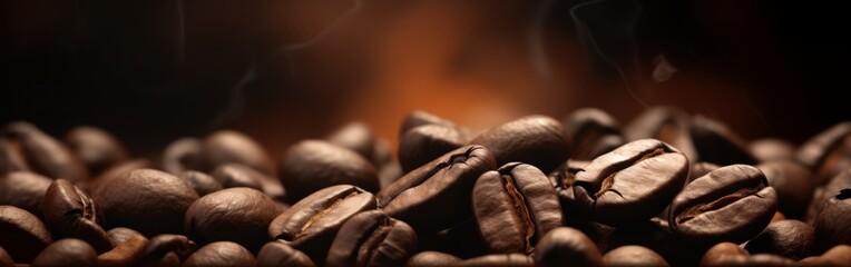 Freshly roasted coffee beans close up on a dark background.