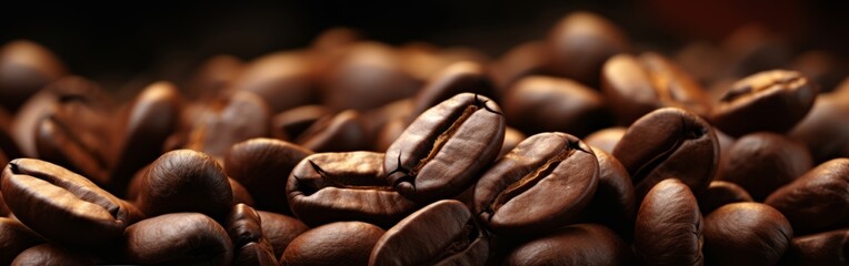 Freshly roasted coffee beans close up on a dark background. - obrazy, fototapety, plakaty