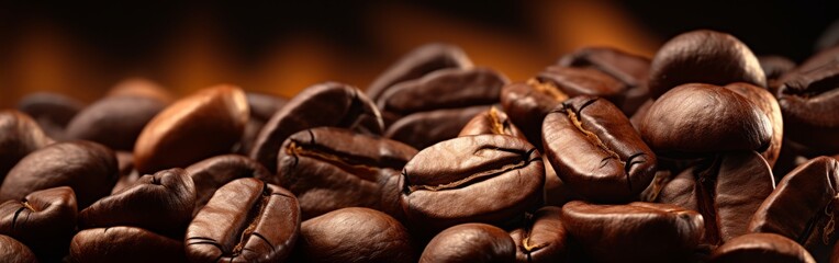 Freshly roasted coffee beans close up on a dark background.