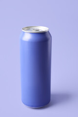 Can of fresh soda on lilac background