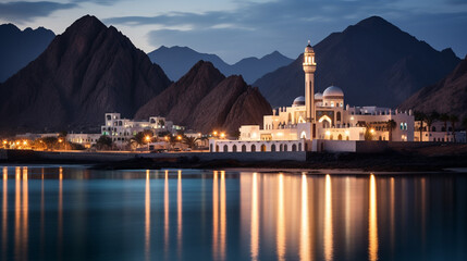 Beautiful Muttrah Corniche Muscat Oman Mosque Background - obrazy, fototapety, plakaty
